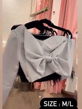 Elegant White Bow-Back Crop Top with Feather Trim